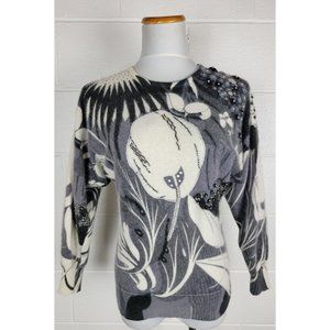 Vtg Magnolia Womens Lambswool Angora Floral Beaded Sweater Gray Cream Dolman S